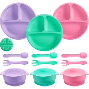 CHENGU 12 Pcs Silicone Bowl with Suction Set for Baby Toddler with Suction Plate, Spoon and Fork, Divided Design Baby Feeding Utensils Weaning Kit, Dishwasher and Microwave Safe (Fresh Colors)