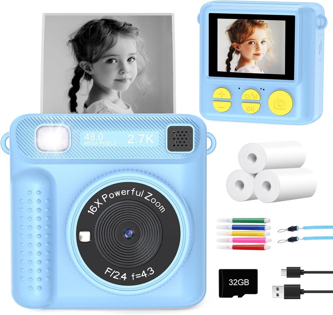 Kids Instant Print Camera - Christmas Birthday Gifts for Girls Boys, Instant Cameras That Print Photos for 4 5 6 7 8 9 10 Year Old Girl Birthday Gift with 32GB SD Card (Blue)