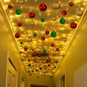 Soulchen Christmas Hallway Ceiling Decorations Set with 82 Christmas Ball Ornaments 100 Adhesive Ceiling Hooks 65 ft LED Light Strings Xmas Magical Light Hallway Decor for Indoor Outdoor Holiday Decor