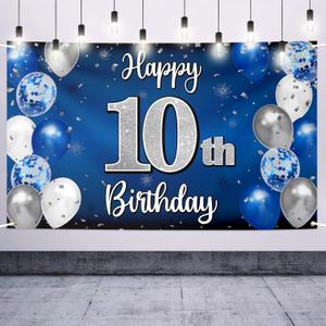 Happy 10th Birthday Decorations,10th Blue & Silver Balloon Large Birthday Banner Backdrop Sign,Cheers to Ten Years Old Bday Party Supplies 