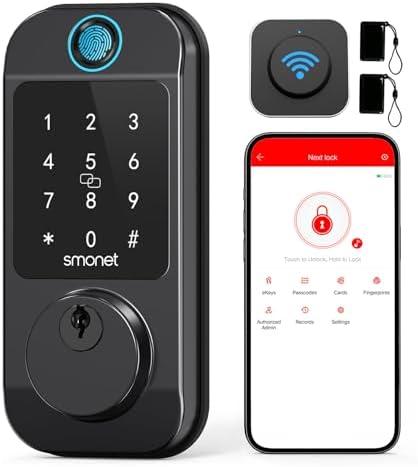 Smart Locks WiFi Deadbolt: SMONET Fingerprint Front Door Lock Keyless Entry with Keypad Electronic Digital Deadbolt Alexa Gateway Remote Control, Bluetooth APP KeyFob Code Auto-Lock for Home, Black