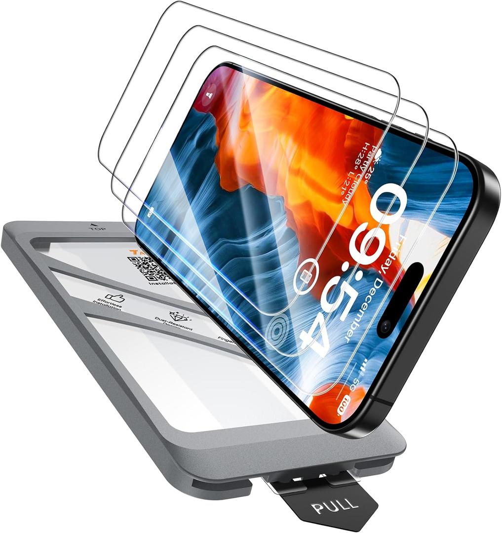 TAURI 4 in 1 for iPhone 15 Pro Max Screen Protector, 3 Pack Tempered Glass Film + 1 Dust Free Easy Installation Tool, 9H Hardness Bubble Free Micro-curved Edges HD Screen Protector for 15 Pro Max