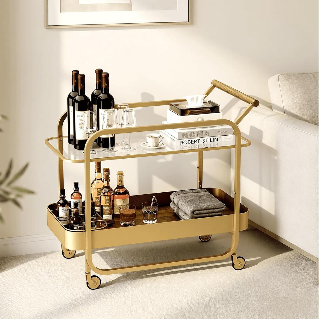 Tempered Glass Bar Cart with Wine Bottle Grid, 10mm Clear Glass Shelf, Rolling Drink Cart with Metal Frame, Glass Top & Wood Shelf, Wood Handle, Locking Wheels, Gold