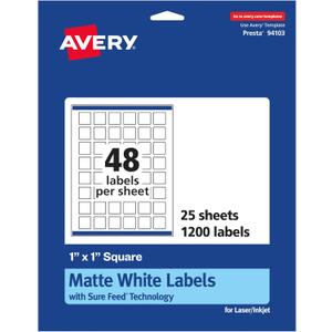 Avery Matte White Square Labels, Sure Feed Technology, 1" x 1", 1,200 Matte White Printable Labels