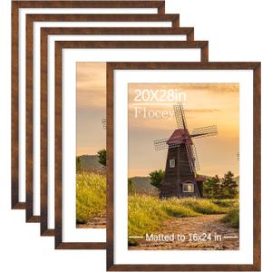 20x28 Picture Frame Set of 5, Rustic Brown Poster Frame, Display Pictures 16 x 24 with Mat or 20 x 28 Without Mat for Horizontal or Vertical Wall Mounting, Wall Gallery Frame, 20x28-5PACK