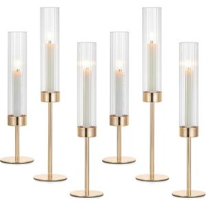 Hewory Gold Taper Candle Holders: Candlestick Holders Set of 6 Hurricane Glass Tall Candle Holder for Candlesticks Candle Sticks Holder Decor for Table Centerpiece Wedding Party Christmas Decorations