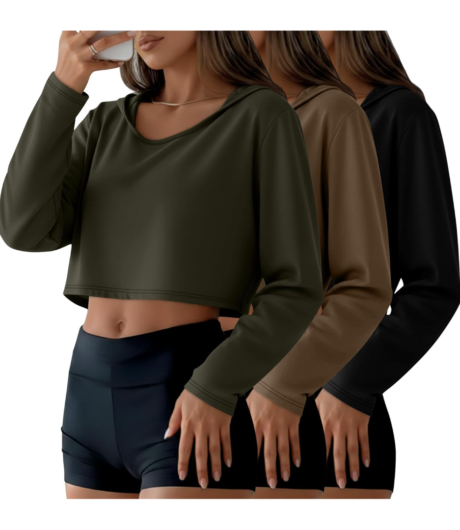 3 Pack Women's Cropped Hoodies Long Sleeve Lightweight Hooded Shirts U Neck Crop Tops Basic Casual Pullover, Medium