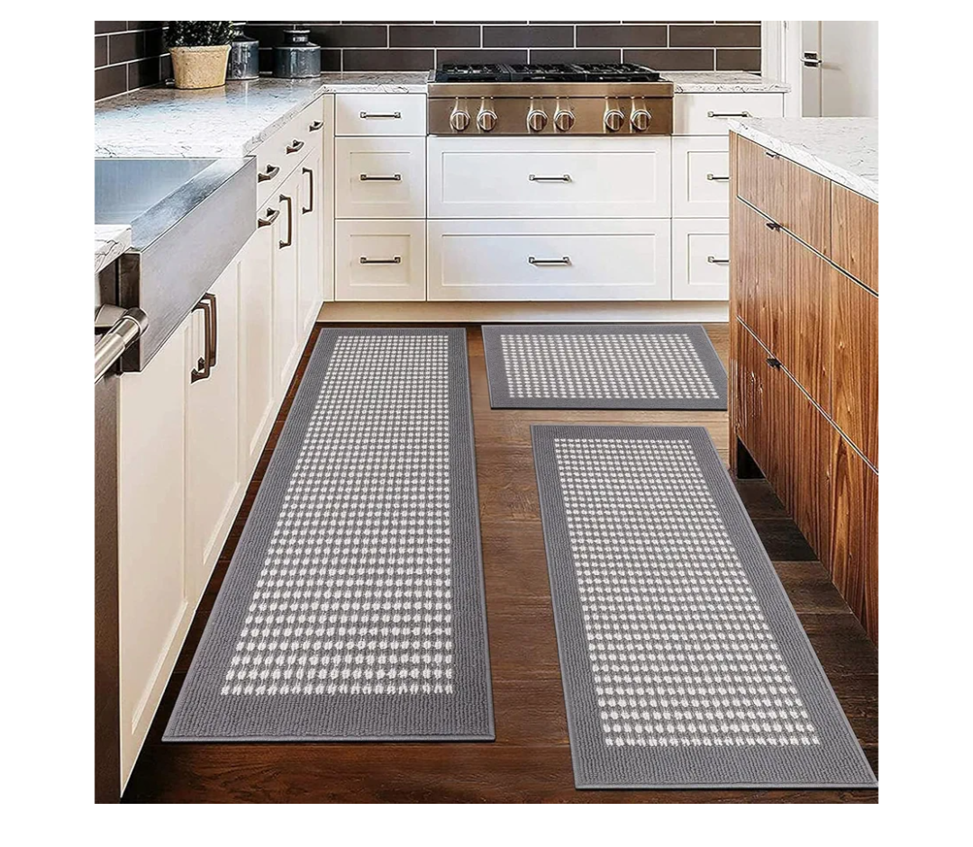 Ileading Kitchen Mat Sets 3 Piece Water Absorbent Kitchen Floor Rugs Non Slip Entrance Runner Rugs Farmhouse Laundry Throw mats Machine Washable Carpet Sets for Indoormat Balcony Garage(Grey)