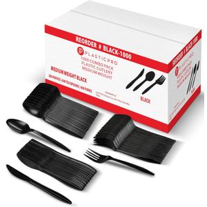 PLASTICPRO 1000 piece Cutlery Combo set of Black Plastic Forks, Spoons, and Knives Disposable Colored Cutlery Bulk Pack Variety Pack for Party Home Office