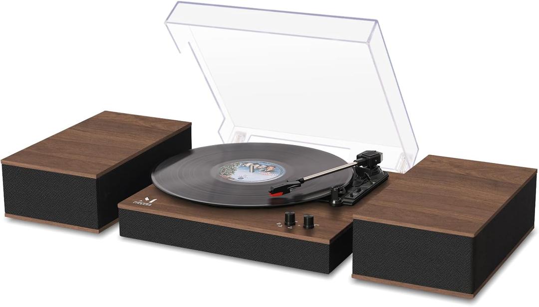 Bluetooth Record Player Turntable HiFi System with Bookshelf Speakers 3-Speed Belt-Drive Vinyl Turntable for Vinyl Records with Wireless Playback and Auto-Stop