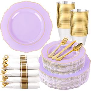 Liacere 350PCS Purple Plastic Plates - Disposable Light Purple and Gold Plates 50guest Baroque Plastic Dinnerware include 100Plates,50Pack Pre Rolled Napkins with Silverware 50Cups for Valentines Day