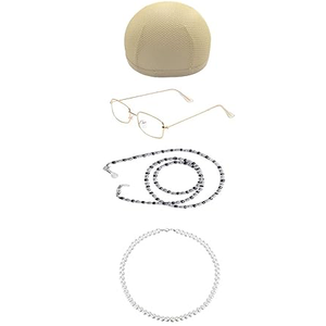 Old Lady Costume Set Grandma  Cap Madea Granny Glasses Eyeglass Chains Cords Faux Pearl Bead Necklace Cosplay Set 4 Pieces