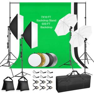 7x10ft Photography Lighting Kit with 3-Color 6x9ft Backdrops, Umbrella & Softbox Continuous Lighting with 50W LED Blub, 5 in 1 reflectors for Photo Studio Portrait Video Recording