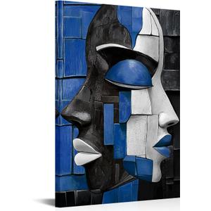 LyerArtork African American Canvas Wall Art 16x24 inch Navy Blue White Modern Abstract Portrait Face Picture Prints Neutral Artwork Wall Decor for Living Room Bedroom Office
