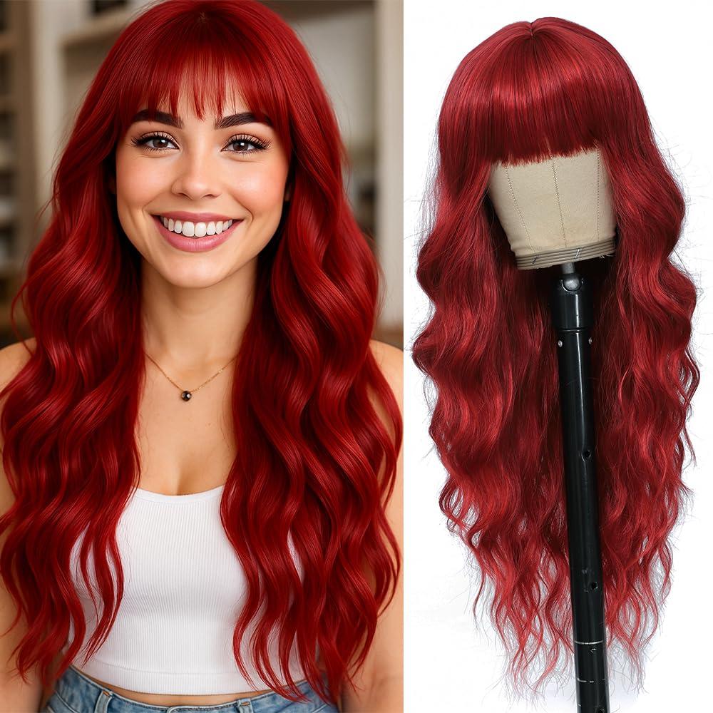 Long Red Wigs with Bangs 26Inch Wavy Curly Hair for Women Tangle Free Soft Natural Looking Premium Heat Resistant Protein Fiber Daily Party Use