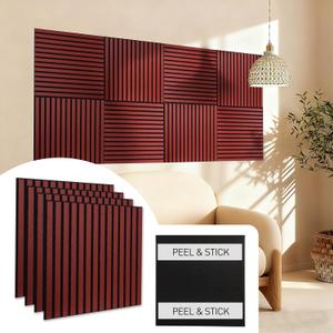 Peel & Stick Acoustic Wood Slat Wall Panels – 23” × 23” 3D Wood-Grain Soundproofing Panels, 4 Pack – Waterproof Decorative Noise-Reducing Wall Panels for Home Office & Studio (Mahogany Red)