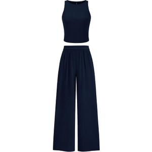 PRETTYGARDEN Spring Two Piece Sets For Women 2025 Ribbed Knit Crew Neck Sleeveless Tank Tops Wide Leg Pants Casual Lounge Set (Navy,Small)