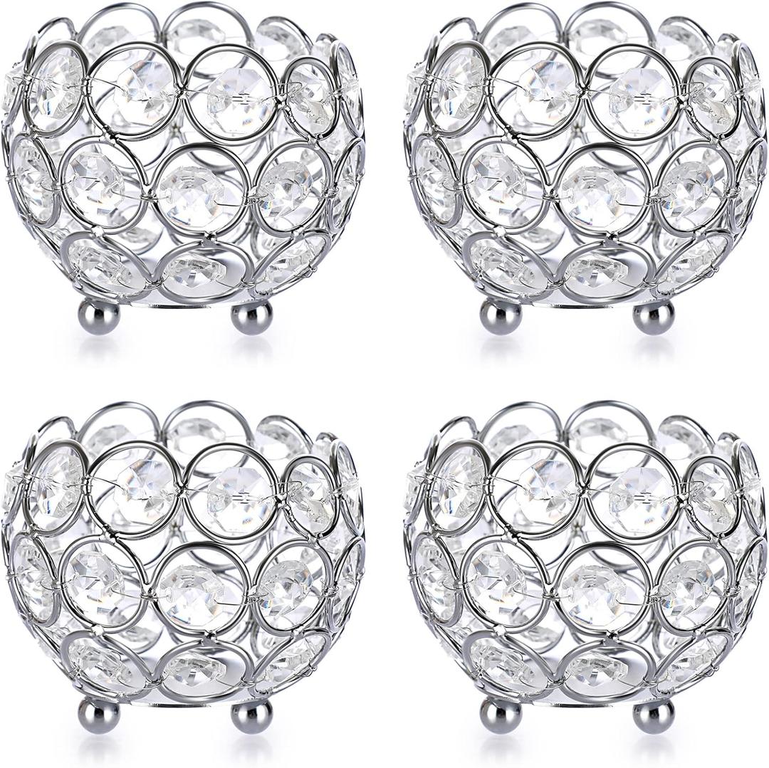 OwnMy Set of 4 Crystal Bowl Tealight Holders Small Round Votive Candle Holders, Silver Crystal Tea Light Candle Lanterns Candle Stands for Dining Table Centerpieces Wedding Decors
