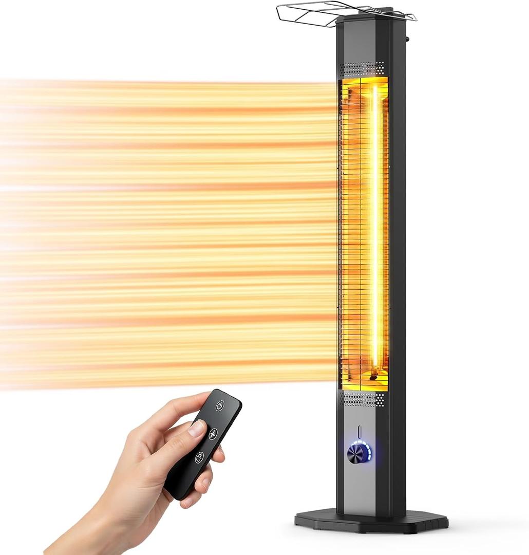Outdoor Electric Patio Heater, 42-inch 1500W Infrared Tower Heater with 9 Heat Settings & 9H Timer, IPX5 Waterproof, Safety Lock, Tip-Over & Overheat Protection Space Heater for Indoor & Outdoor Use