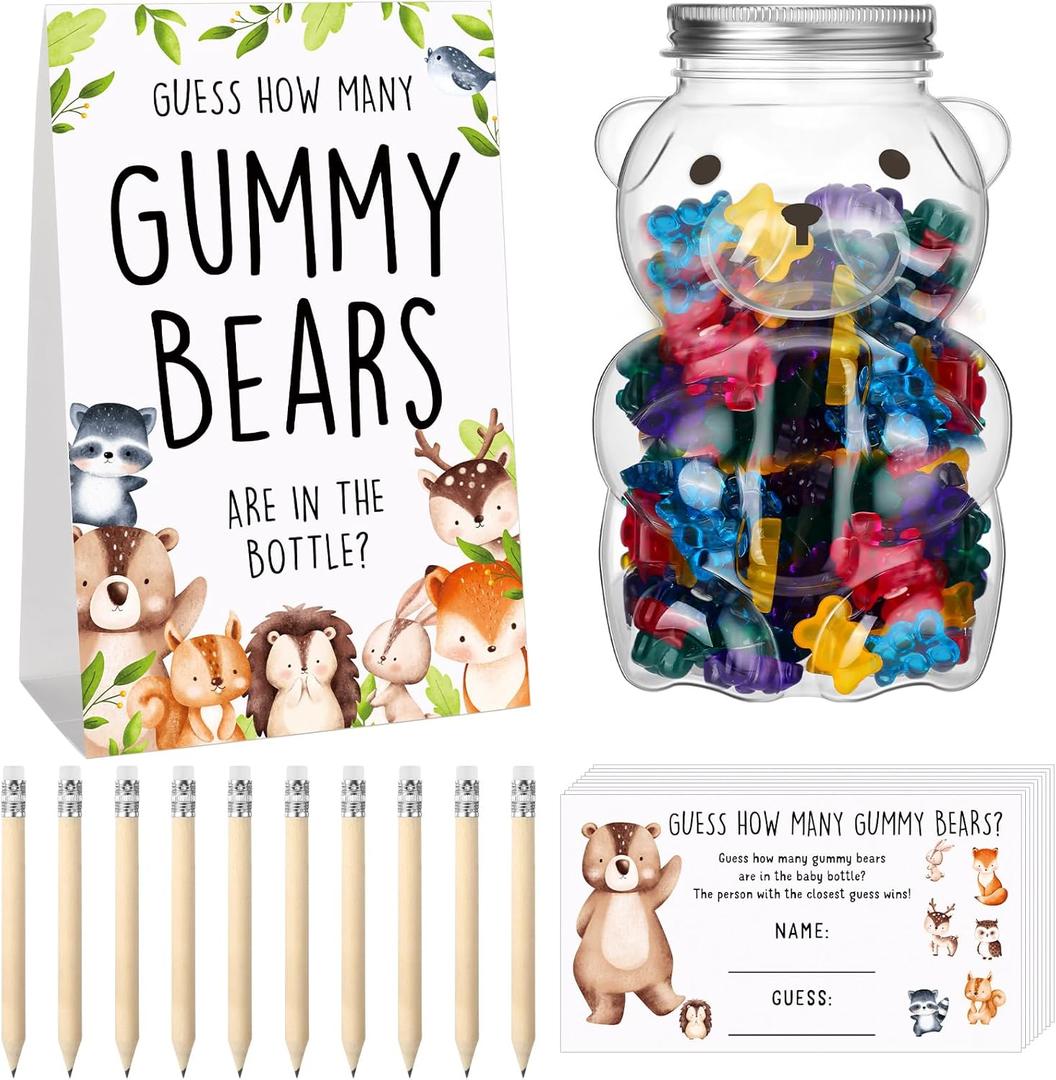 Outus Woodland Baby Shower Games Guess How Many Bears Sign 100 Guessing Game Cards 10 HB Pencils 1 Cute Bear Bottle for Guests Gender Reveal Party Favor(Cute Style)