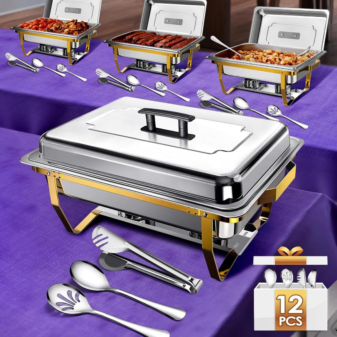4 Pack Stainless Steel Chafing Dishes Buffet Set with Serving Utensils Sets by Teivio,9 QT Rectangular Gold Chafer Complete Set, Buffet Servers and Food Warmer for Catering, Party, Wedding (Gold)