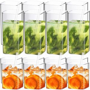 Mifoci 20 Sets Square Drinking Glass Cups 8 oz 13 oz Square Glasses Clear Highball Modern Glassware Tumbler Mixed Drinkware with Glass Straws and Cleaning Brushes for Cocktail Coffee Juice Beer