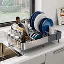 SUNLY Expandable Dish Drying Rack, Versatile Brackets for Pots & Pans, Space Saving Kitchen Drying Rack, Dish Racks for Kitchen Counter, Stainless Steel Dish Drainers with Extendable Spout, Gray+Silver, 22.54"D x 12.6" W x 7.2" H