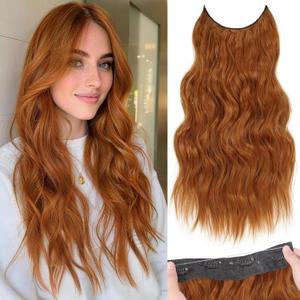 KooKaStyle Invisible Wire Hair Extensions with Transparent Headband Adjustable Size 4 Secure Clips Long Wavy Secret Wire Synthetic Hairpiece for Women(30C#Copper Auburn 20Inch)