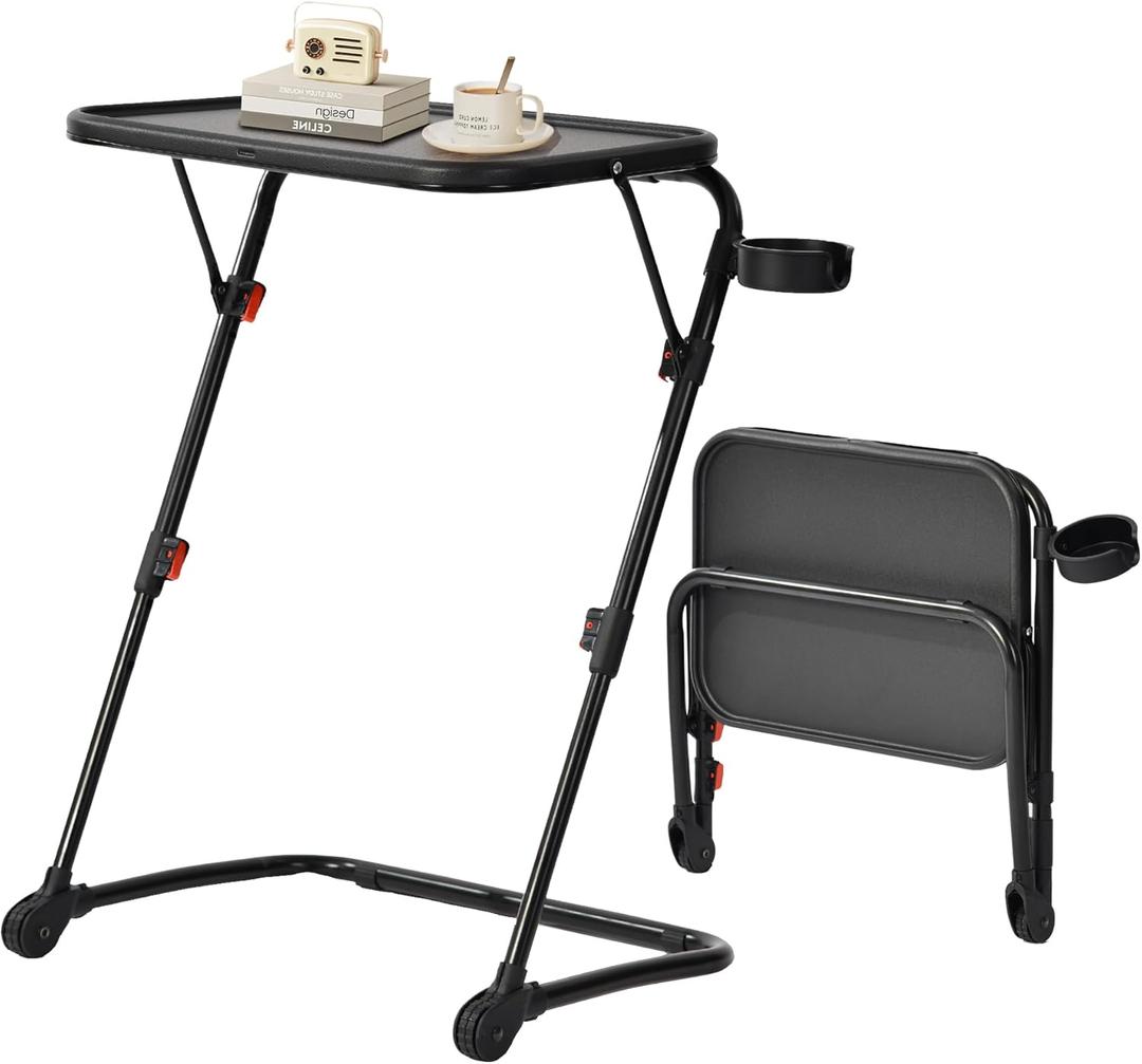 FurnitureR Folding End Table Z-Shaped with Cup Holder, Foldable TV Tray with 4 Height & 3 Tilt Angle, Portable Space-Saving Snack Dinner Side Table for Bed, Sofa, Couch, Metal Frame, Set of 1, Black