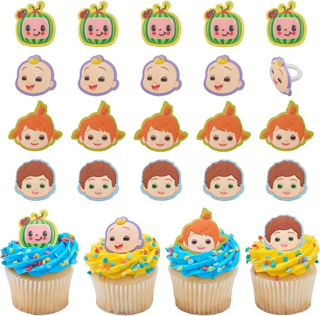 CoComelon Playtime Rings | 24 Cupcake Toppers Featuring JJ, YoYo & TomTom | DecoPac CoComelon Cake Decorations, Food Safe & Ready To Use - 24 Pack