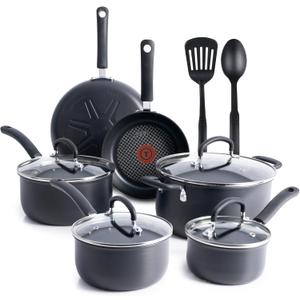 T-fal Ultimate Hard Anodized Nonstick Cookware Set 12 Piece, Oven Broiler Safe 400F, Lid Safe 350F, Kitchen Cooking Set w/Fry Pans, Saucepans, Dutch Oven, Pots and Pans, Dishwasher Safe, Black