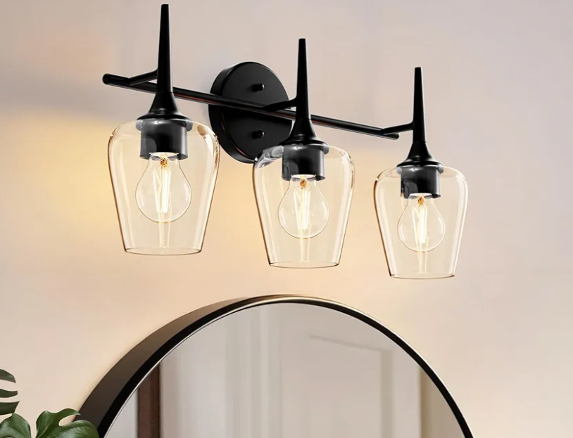 Bathroom Vanity Light Fixture, 3 Light Modern Black Vanity Lighting fixtures, Lighting Fixtures Over Mirror, Wall Lamp with Clear Glass for Bathroom, Hallway, Bedroom