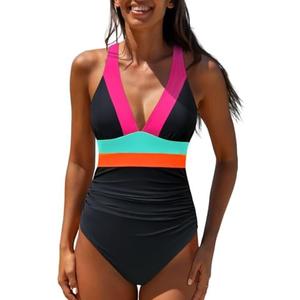 popvil One Piece Swimsuit Women 2025 Tummy Control Neon Color Block Bathing Suit Deep Vneck Tie Back Swim Suits Beach Size L