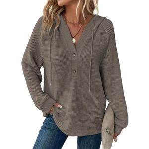 Dokotoo Hoodies for Women Waffle Knit Long Sleeve Drawstring Button V Neck Casual Pullover Sweatshirt Hooded Tops (Small)