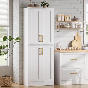 Pantry - Kitchen Pantry Cabinet with 4 Doors and Adjustable Shelves, Tall White Cabinet Freestanding Storage Cupboard for Dining Room Living Room, Laundry, Bathroom