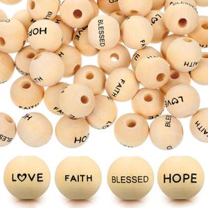 Queekay 100 Pieces Wooden Word Beads 16mm Wooden Words Balls Ornament Christian Letter Beads for Garland Making and DIY Crafts Gifts Farmhouse Home Decor(Faith Style)