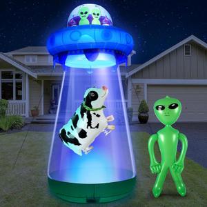 9 FT Halloween UFO Cow Alien Inflatable Yard Decor with LED Blow Up Inflatable Alien and Cow for Halloween Outdoor Yard Garden Lawn Decoration
