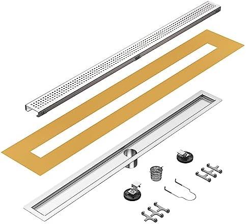 24 inch Linear Shower Drain with Square Hole Pattern Grate Cover, Brushed 304 Stainless Steel Bonding Flange Linear Drain, Low Profile Linear Shower Drain with Hair Strainer