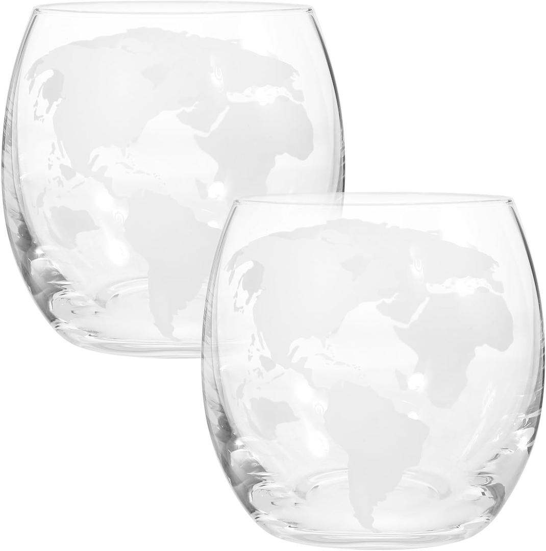 Hemoton Set of 2 Transparent Globe Whiskey Glasses, 15.4Oz World Map Engraved Cocktail Cups for Home Bar, Elegant Drinking Glasses for Whiskey Lovers and Special Occasions