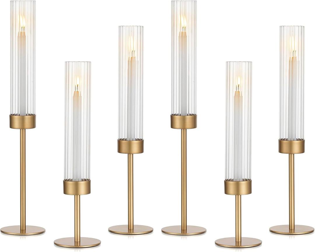Glasseam Tapered Gold Candlestick Holders: 6 Pcs Tall Brass Taper Candle Holder with Ribbed Glass Cylinder - Hurricane Fluted Candle Holders for Table Centerpiece Wedding Party Christmas Decorations