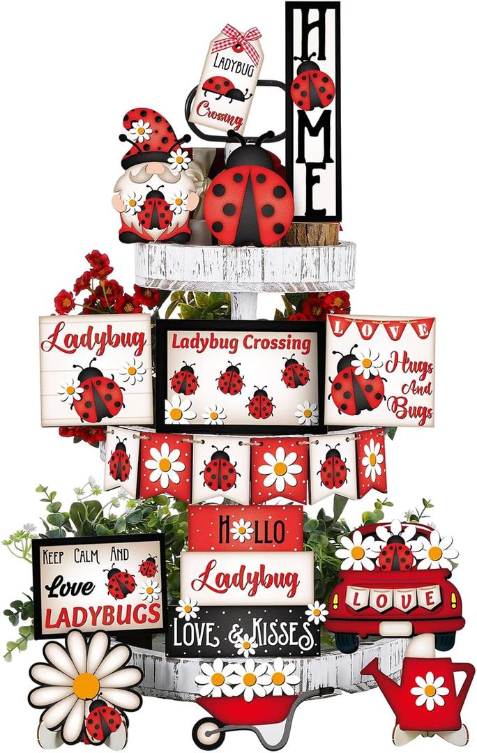 19 Pcs Ladybug Tiered Tray Decor Set Spring Summer Ladybug Table Wooden Signs Hello Spring Red Ladybird Sunflower Wooden Blocks Signs Rustic Farmhouse Tiered Tray Decorative for Home Kitchen
