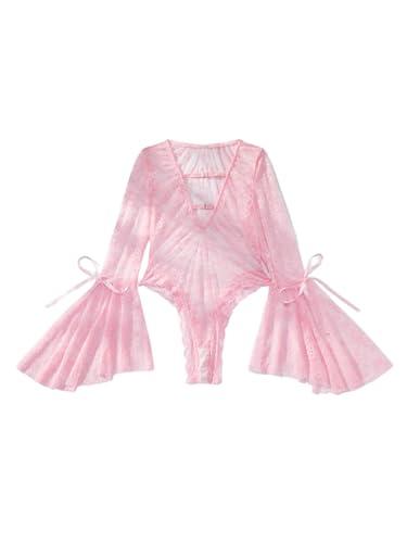 WDIRARA Women's Lace Lingerie Bodysuit Mesh Bell Long Sleeve Teddy Bodysuits Pink Small