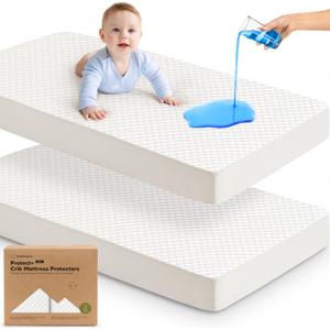 2-Pack Waterproof Crib Mattress Protector Cover Fitted - Quiet Baby Crib Mattress Pad Sheets, 52" x 28" Soft Quilted Cotton Baby Sheet, Machine Washable, Easy Fit, Durable (Soft White/Quin)