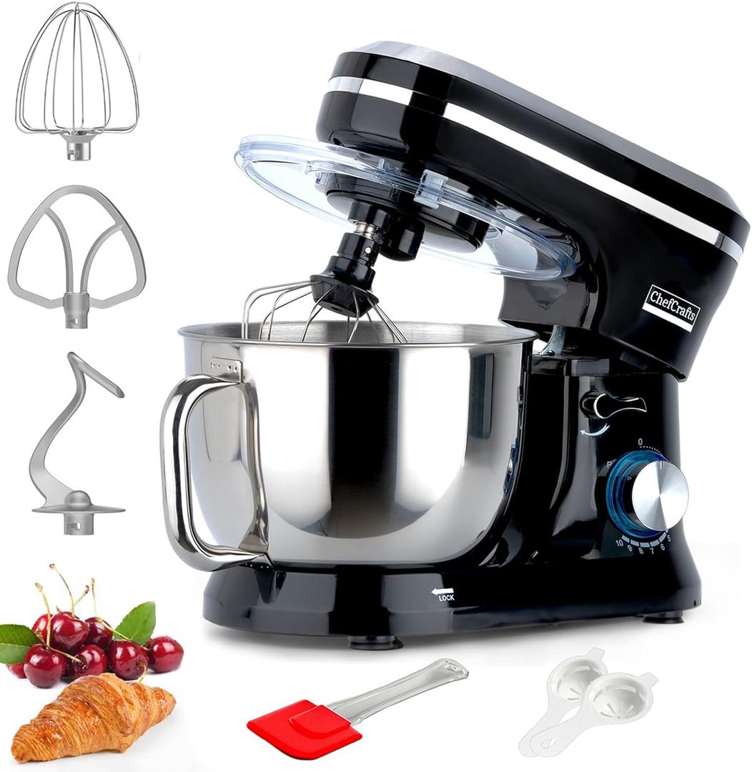 Electric Stand Mixer with 6.5 Quart Bowl, Household Food Mixer 10+p Speeds 660W, Kitchen Tilt-Head Bread Dough and Cake Mixers with Dough Hook, Whisk, Beater, Splash Guard and Egg Separator (Black)