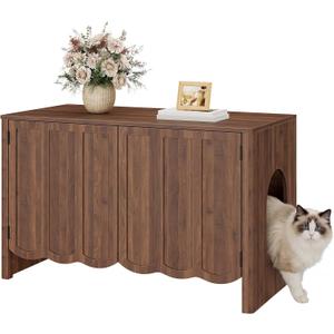 HOOBRO Cat Litter Box Enclosure, 31.5" Hidden Litter Box Furniture with Wavy Panels & Side Entry, Push-to-Open Doors, Litter Box Cabinet, Living Room End Side Table, Walnut WL27MW01