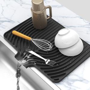 Dish Drying Matt for Kitchen Counter,10"14"18"20"Silicone Dry Rack Mat with Built in Drain, Kitchen Dry Mats for Dishes Drying Pad for Counter(18"12"black)