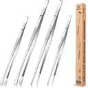 4 Pcs Fine Long Tweezer Tongs Professional Silver, 12'' and 10'' Stainless Steel for Kitchen, Food, Cooking, Repairing, Sea food and BBQ