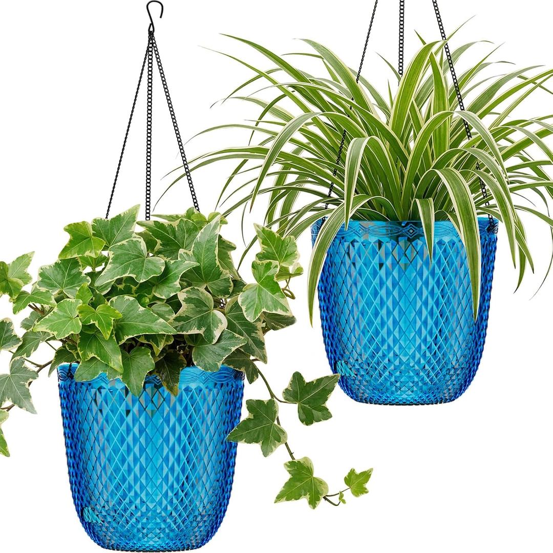 QCQHDU Hanging Planters for Indoor Plants, 2-Pack 7.2 Inch Self Watering Hanging Pots, Plastic Plant Hanger with Drainage Holes and 3 Hooks Chains for Garden Home (Klein Blue)