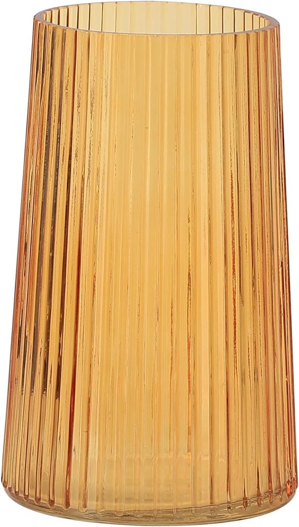 Amber Glass Vase for Flower, Flower Vase for Bouquet, Modern Glass Vases, Ribbed Vases for Living Room, Bedroom, Dining Table, Office, Wedding, Centerpieces, 8 Inches (Large)