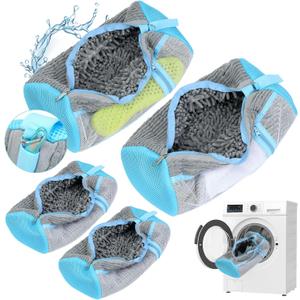 Shoe Washing Machine Bag, 4 Pack Shoe Cleaning Bag for Washer and Dryer, 360 Deep Cleaning Reusable Shoes Laundry Bags for Sneakers with Zipper Protection and Side Mesh Pouch, Gray